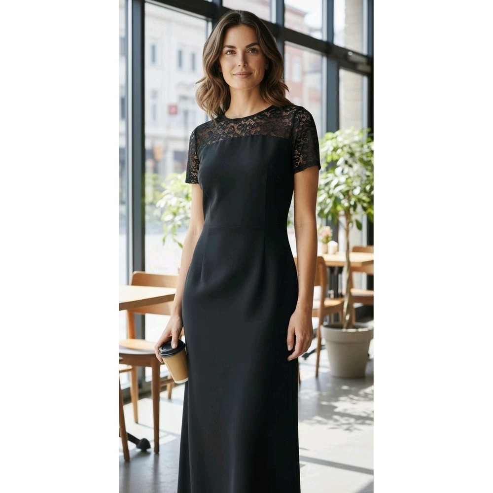Evening Wear By Pat Argenti Black Long Dress SZ 12 Lace Details Short Sleeve